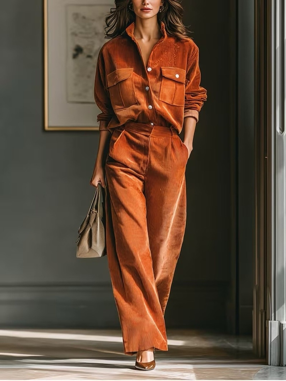 Corduroy Button-Down Shirt and Wide-Leg Pants Two-Piece Set